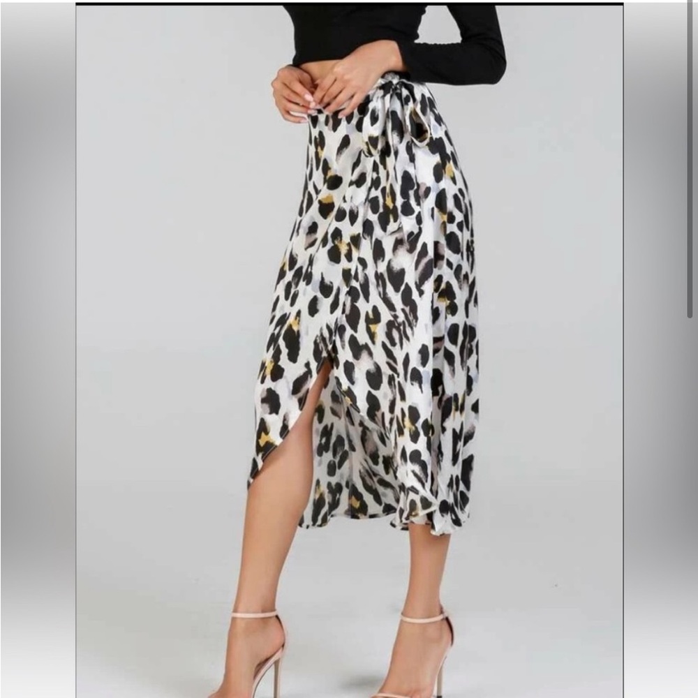 Jeuvre Womens Cheetah Sheer Animal Print Satin Wrap Chiffon MIDI Skirt S